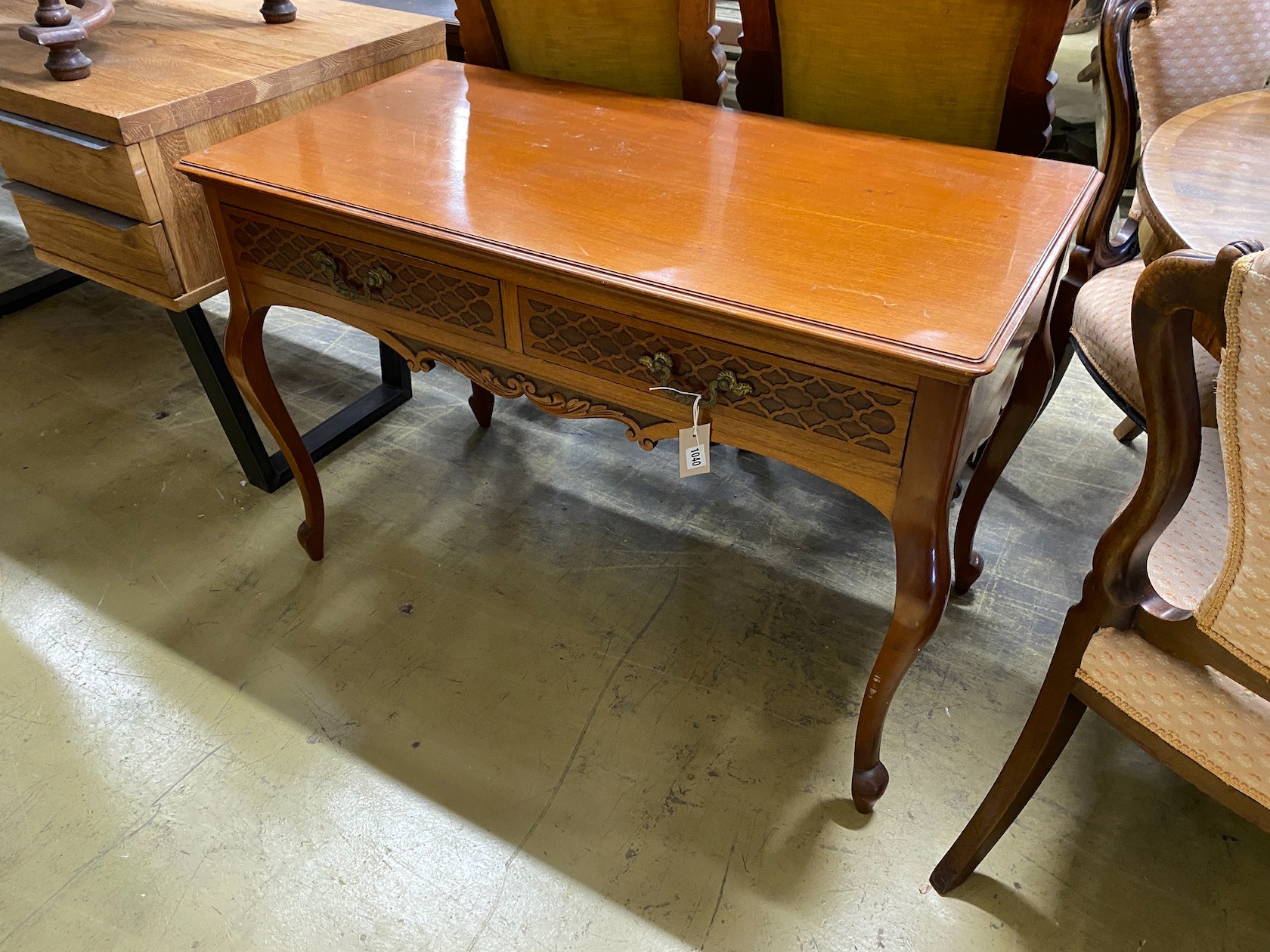 A late Victorian mahogany two drawer side table, width 106cm, depth 53cm, height 72cm
